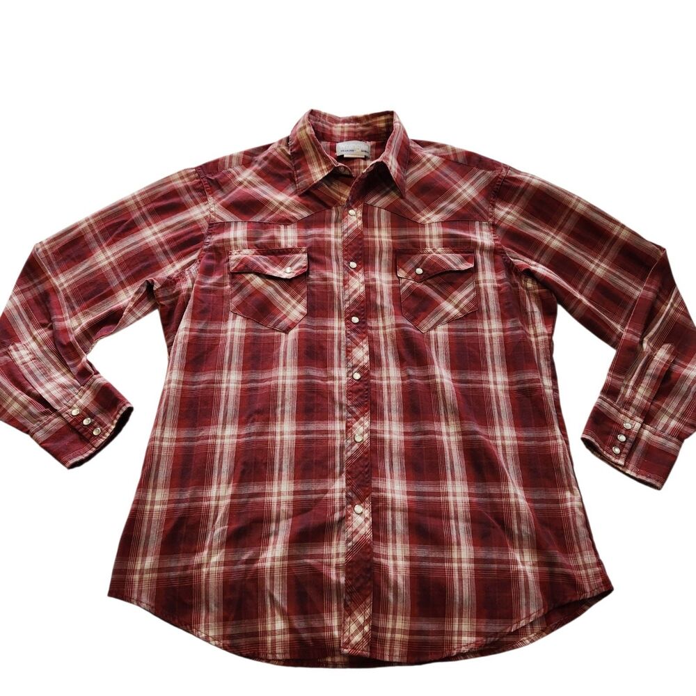 Wrangler Wrancher Mens L Red Plaid Pearl Snap Long Sleeve Western Cowboy Shirt